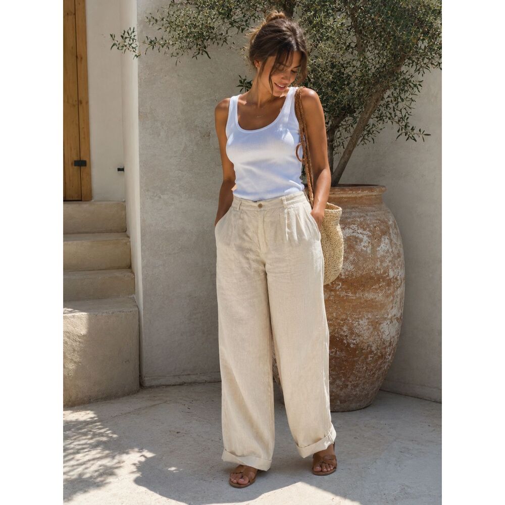 JACK 100% Linen Pants XL Beige Wide Leg Relaxed Trousers High Rise Natural
